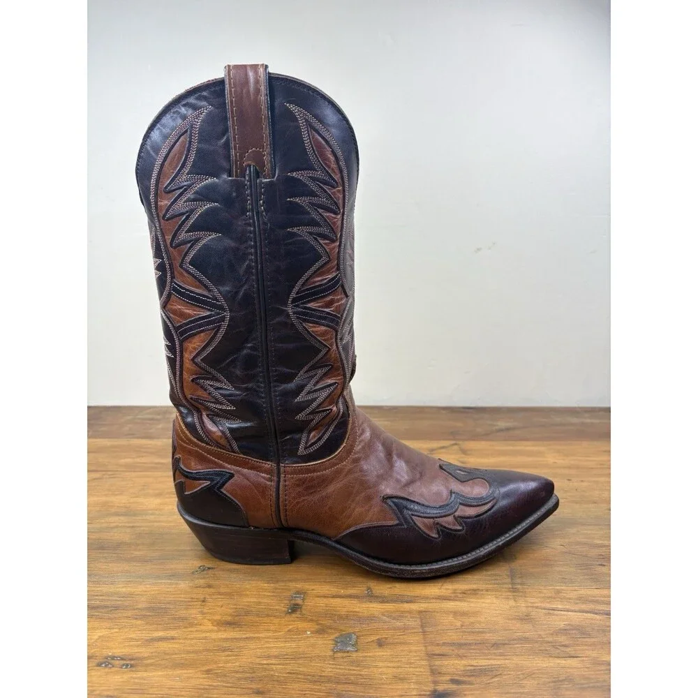 Vtg. Code West Two Tone Leather Flame Inlay Cowboy Boots Mens 10 M USA Western